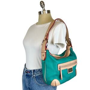 Vintage Tignanello Pebbled Turquoise and Tan Leather Shoulder Purse Bag